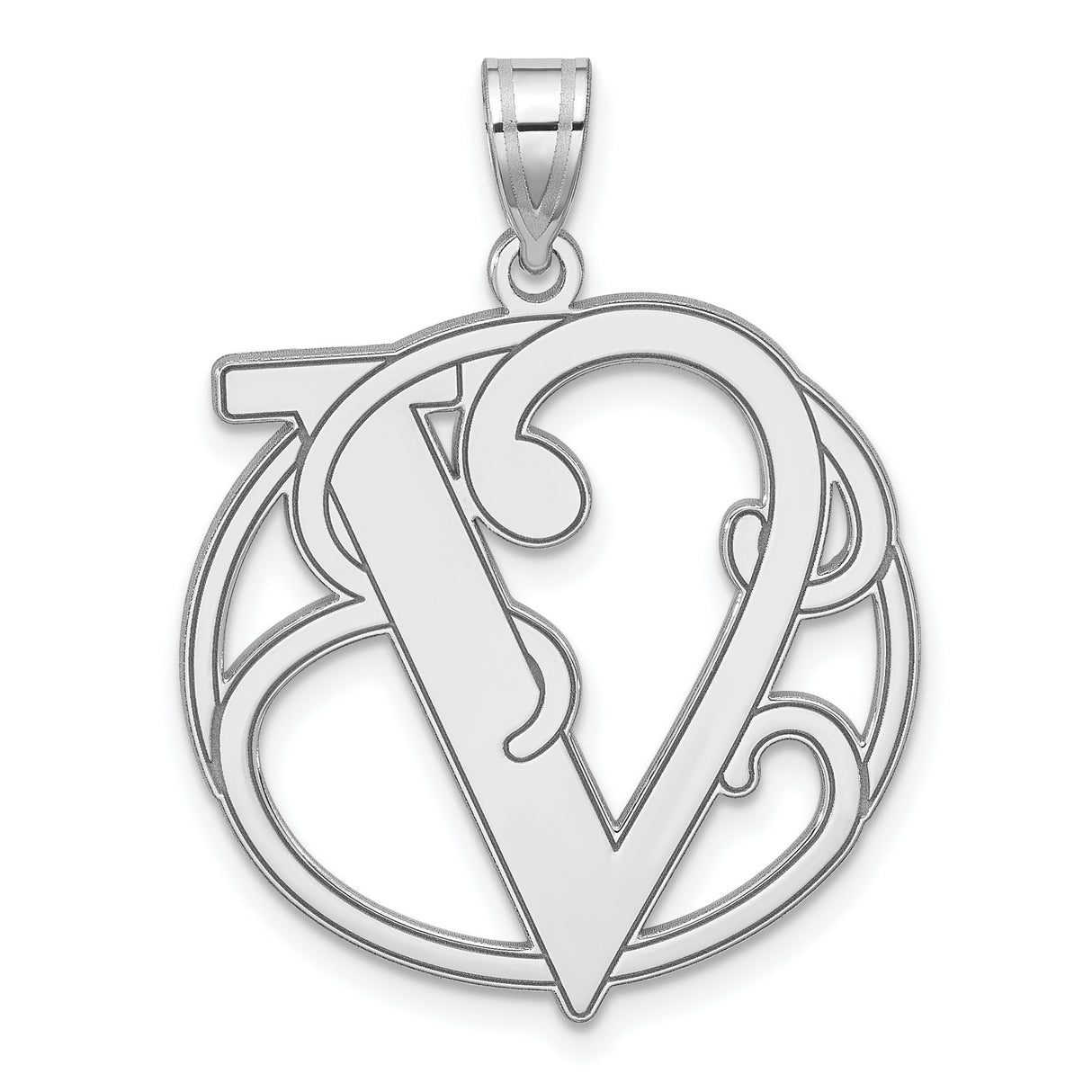Sterling Silver Initial Pendant with Letter V in Round Frame, Monogram Alphabet Jewelry for Women