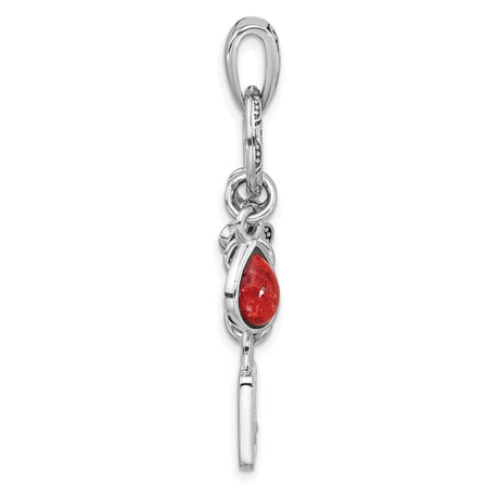 Sterling Silver Heart Key Pendant with Red Coral Teardrop, Vintage Scrollwork Design