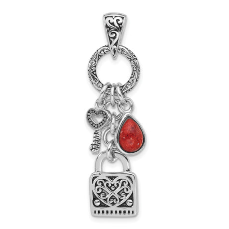 Sterling Silver Heart Key Pendant with Red Coral Teardrop, Vintage Scrollwork Design