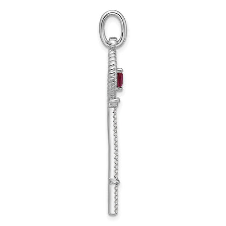 Sterling Silver Key Pendant with Heart and Pear-Cut Red Cubic Zirconia, Vintage Style