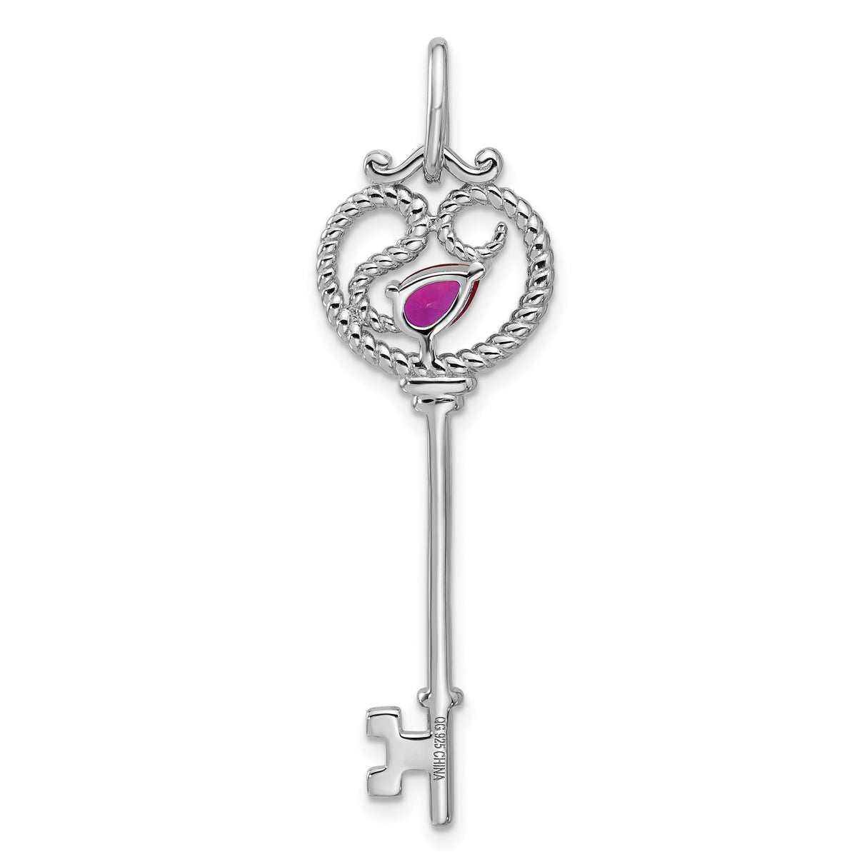 Sterling Silver Key Pendant with Heart and Pear-Cut Red Cubic Zirconia, Vintage Style