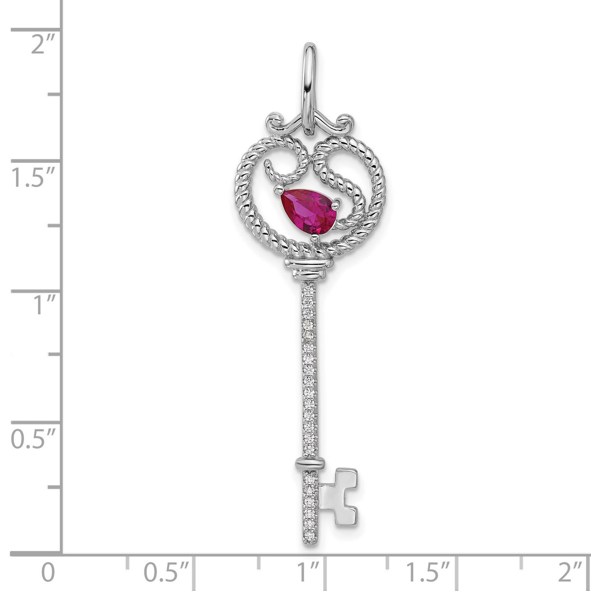 Sterling Silver Key Pendant with Heart and Pear-Cut Red Cubic Zirconia, Vintage Style