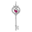 Sterling Silver Key Pendant with Heart and Pear-Cut Red Cubic Zirconia, Vintage Style