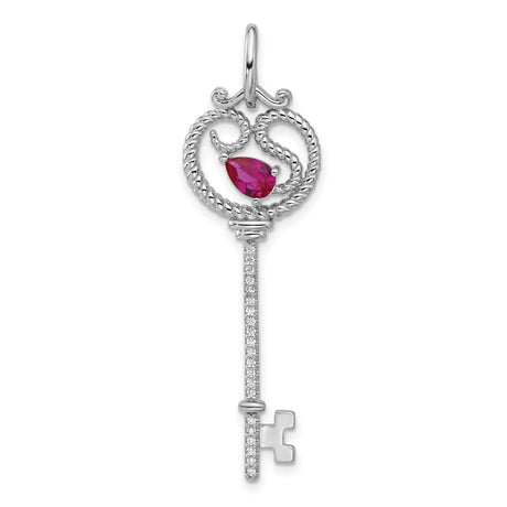 Sterling Silver Key Pendant with Heart and Pear-Cut Red Cubic Zirconia, Vintage Style