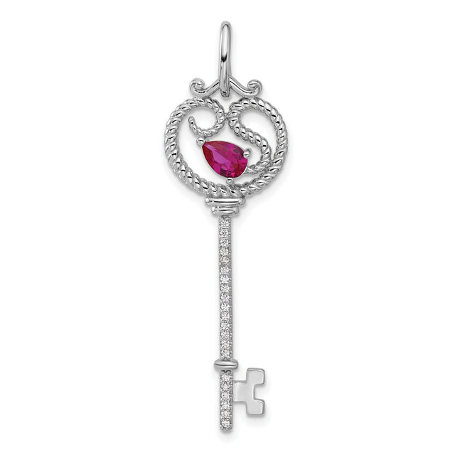 Sterling Silver Key Pendant with Heart and Pear-Cut Red Cubic Zirconia, Vintage Style