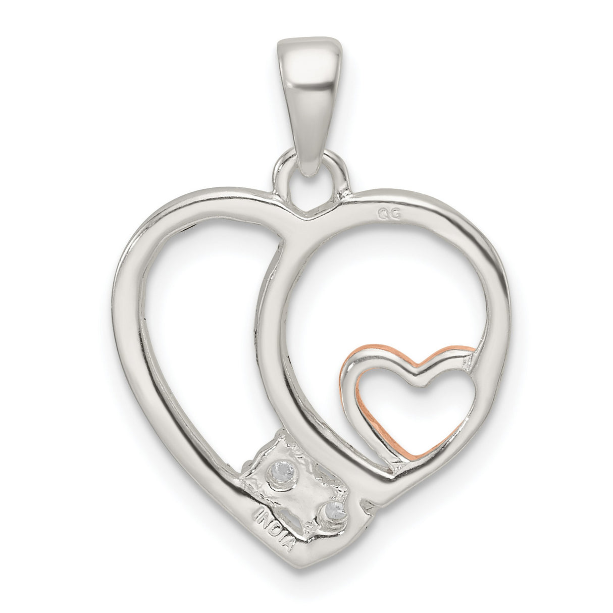 Sterling Silver Heart Pendant with Cubic Zirconia, Rose Gold Interlocking Hearts Design