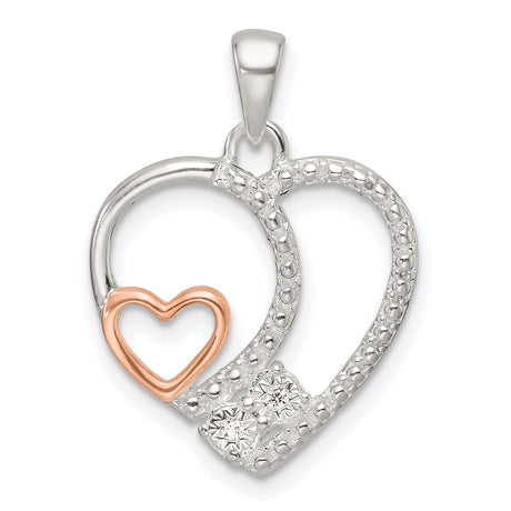 Sterling Silver Heart Pendant with Cubic Zirconia, Rose Gold Interlocking Hearts Design
