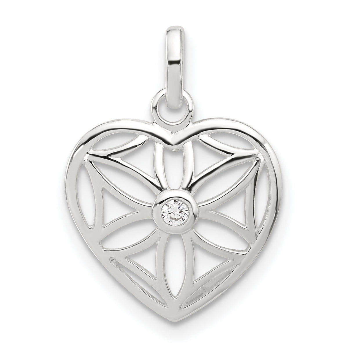 Sterling Silver Heart Pendant with Cubic Zirconia, Openwork Floral Design, Romantic Jewelry for Women