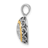 Sterling Silver Heart Pendant with Cubic Zirconia, Two-Tone Scrollwork Design, Gold Accent