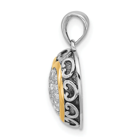 Sterling Silver Heart Pendant with Cubic Zirconia, Two-Tone Scrollwork Design, Gold Accent