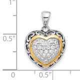 Sterling Silver Heart Pendant with Cubic Zirconia, Two-Tone Scrollwork Design, Gold Accent