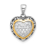 Sterling Silver Heart Pendant with Cubic Zirconia, Two-Tone Scrollwork Design, Gold Accent