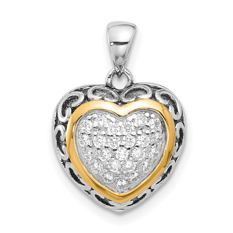 Sterling Silver Heart Pendant with Cubic Zirconia, Two-Tone Scrollwork Design, Gold Accent