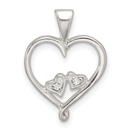 Sterling Silver Heart Pendant with Double Open Heart Design and Cubic Zirconia Accents