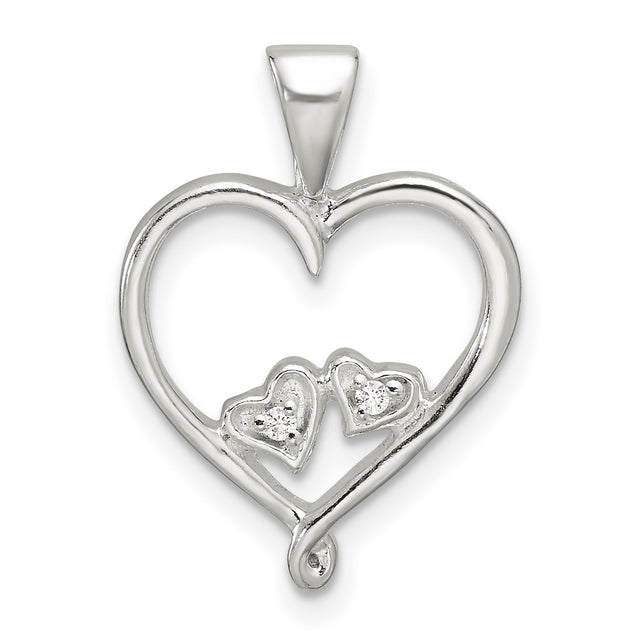 Sterling Silver Heart Pendant with Double Open Heart Design and Cubic Zirconia Accents