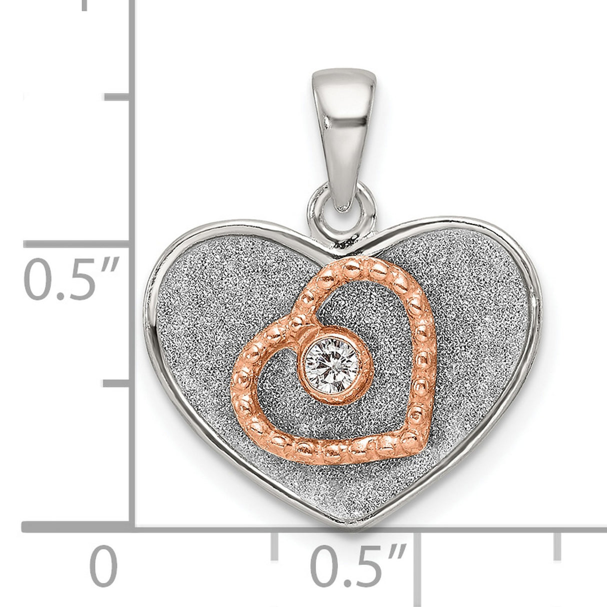 Sterling Silver Heart Pendant with Rose Gold Accent and Cubic Zirconia, Textured Romantic Design