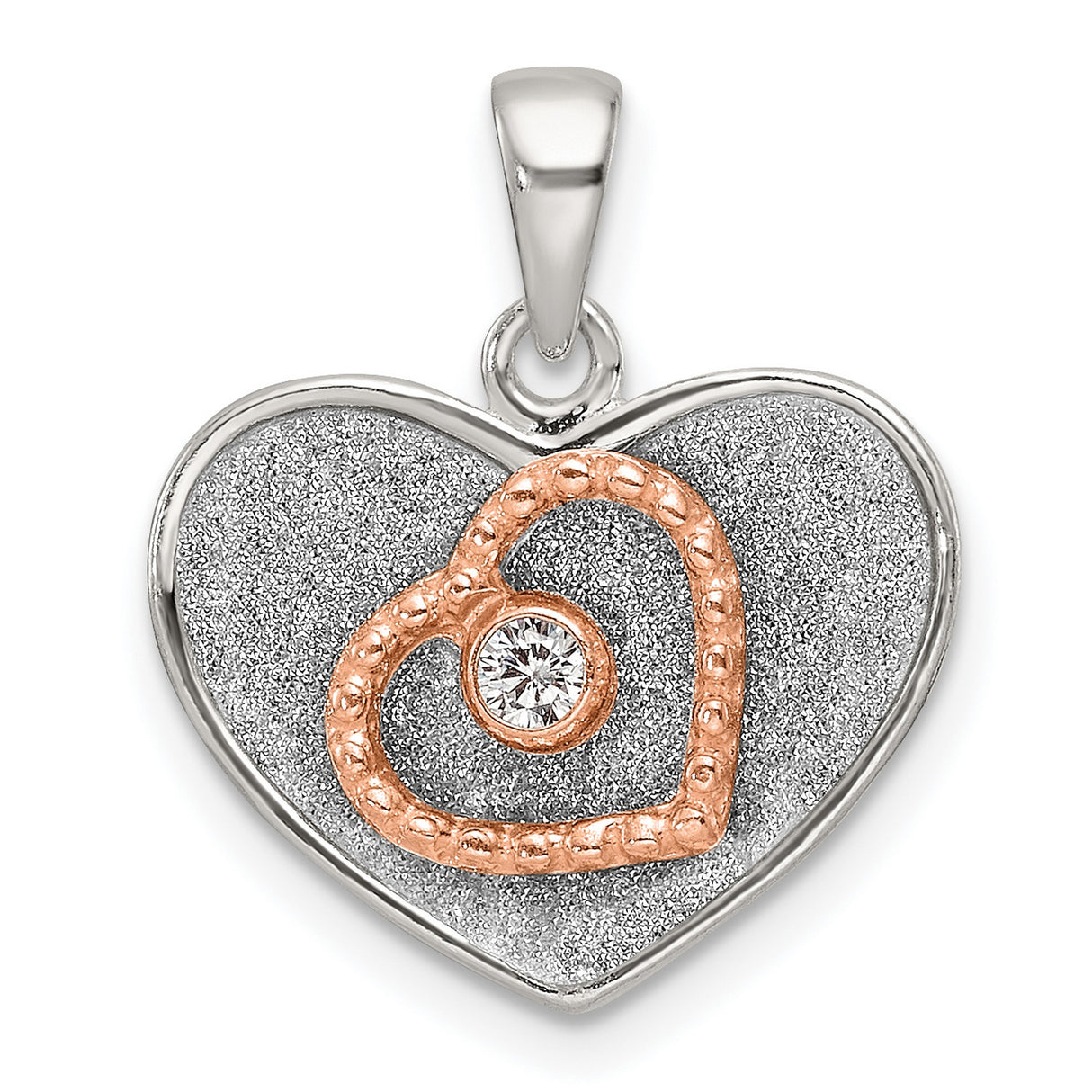 Sterling Silver Heart Pendant with Rose Gold Accent and Cubic Zirconia, Textured Romantic Design