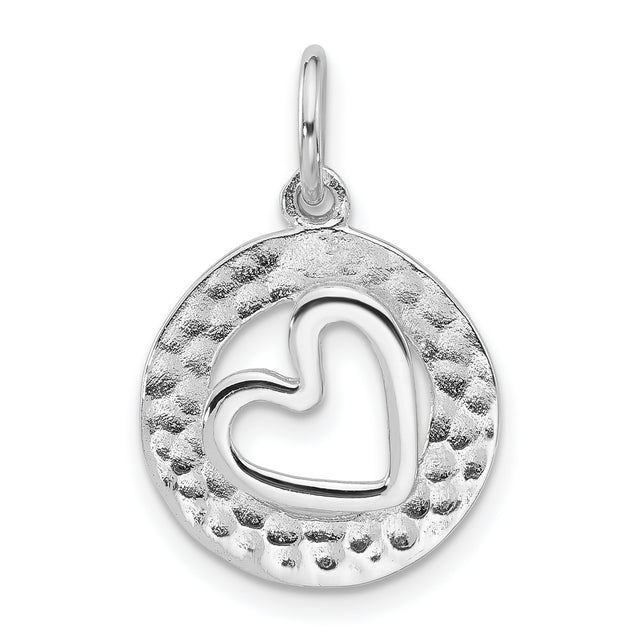 Sterling Silver Heart Pendant with Hammered Circle Frame, Open Heart Design