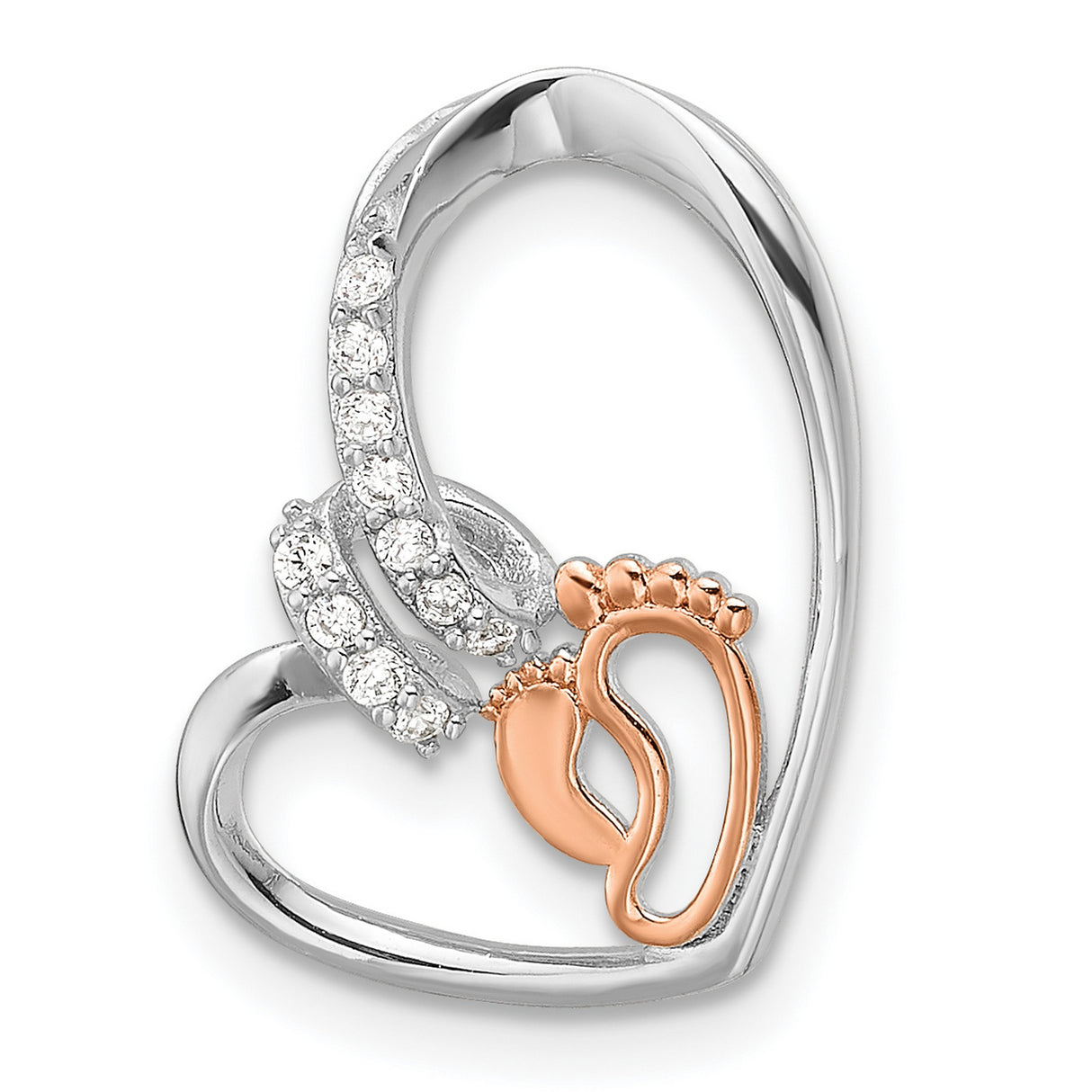 CZ Heart with Footprint Charm Pendant in Real 925 Sterling SIlver