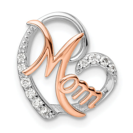 CZ Mom Heart Chain Slide Charm Pendant in Real 925 Sterling SIlver