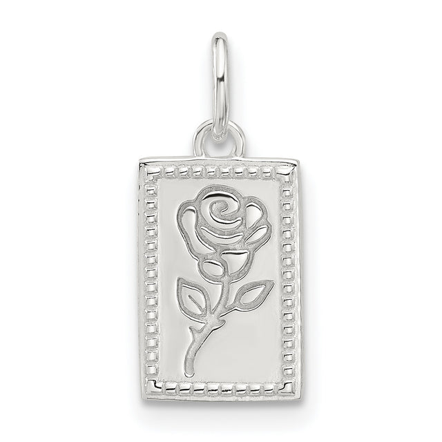 Sterling Silver Rectangle Pendant with Cutout Rose Design, Floral Motif