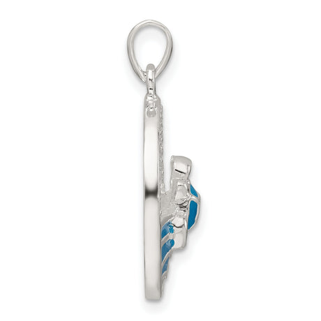 Sterling Silver Sea Turtle Pendant with Cubic Zirconia and Blue Enamel Wave Design