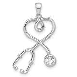 Sterling Silver Heart Stethoscope Pendant with Cubic Zirconia Accent, Medical Theme Jewelry