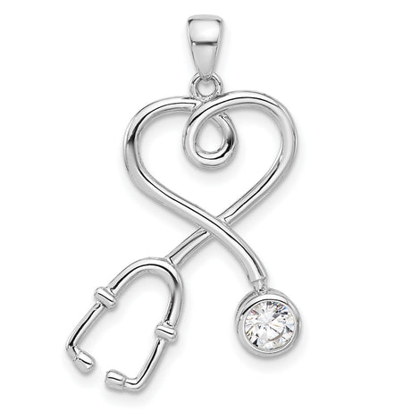 Sterling Silver Heart Stethoscope Pendant with Cubic Zirconia Accent, Medical Theme Jewelry