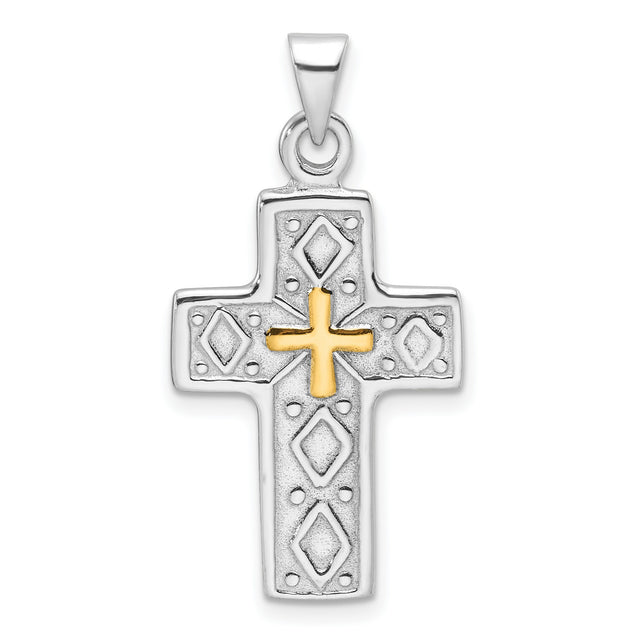 Sterling Silver Reversible Cross Pendant with Textured and Etched Detail, Unisex Religious Jewelry
