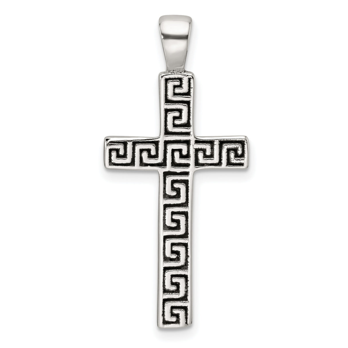 Sterling Silver Cross Pendant with Greek Key Design and Oxidized Etched Detailing