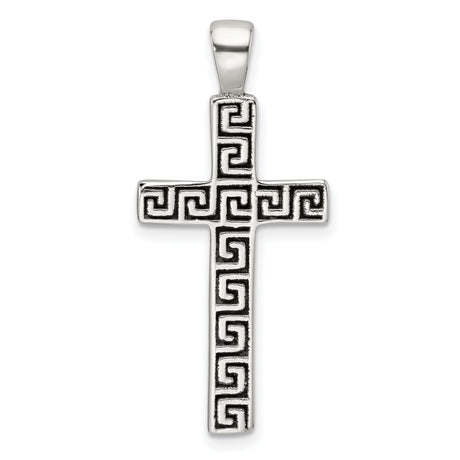 Sterling Silver Cross Pendant with Greek Key Design and Oxidized Etched Detailing