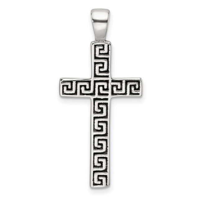 Sterling Silver Cross Pendant with Greek Key Design and Oxidized Etched Detailing