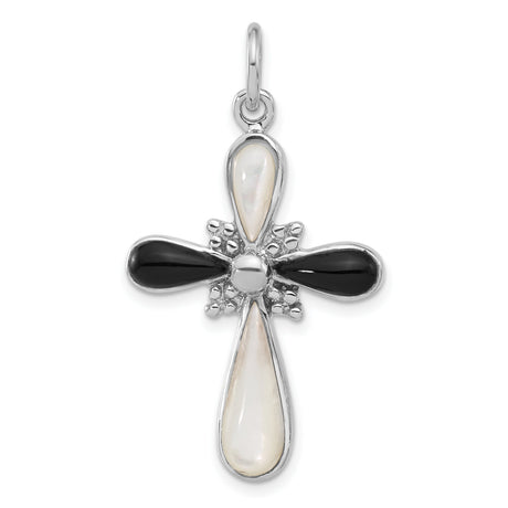 Sterling Silver Cross Pendant with Mother of Pearl and Onyx Inlay, Unisex Bohemian Style