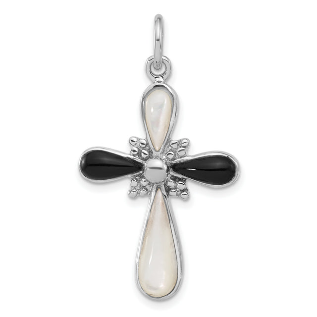 Sterling Silver Cross Pendant with Mother of Pearl and Onyx Inlay, Unisex Bohemian Style