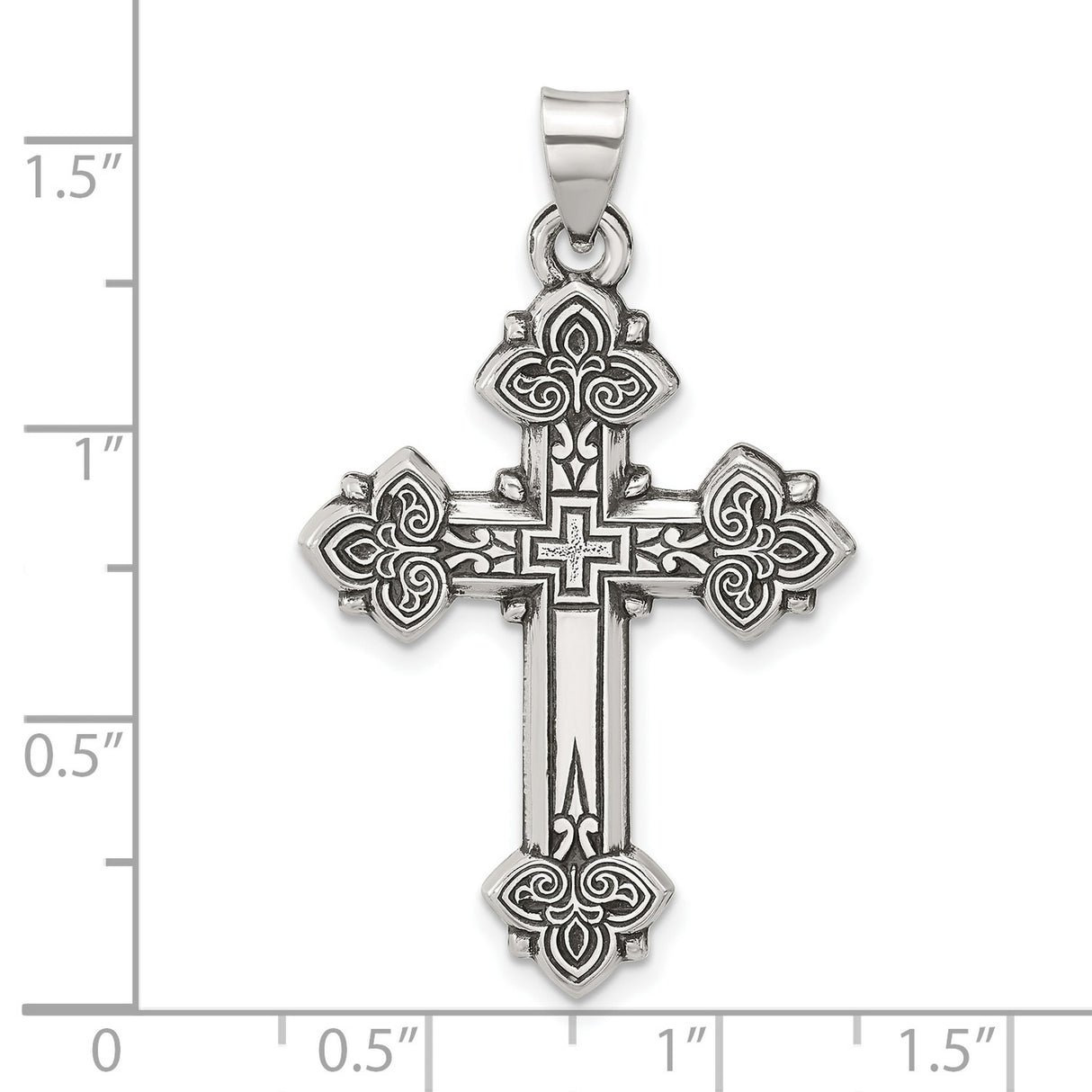 Sterling Silver Cross Pendant with Fleur De Lis, Oxidized Floral and Geometric Design