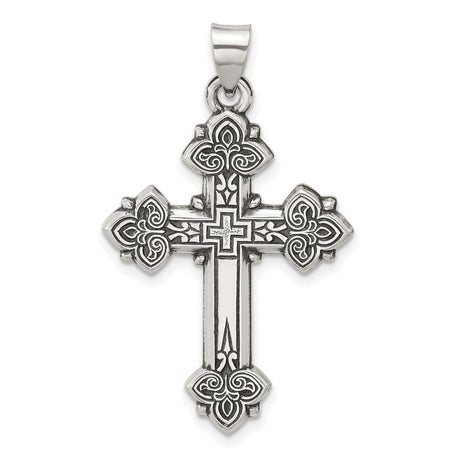 Sterling Silver Cross Pendant with Fleur De Lis, Oxidized Floral and Geometric Design