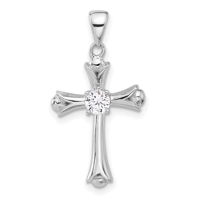 Sterling Silver Cross Pendant with Cubic Zirconia, Budded Design, Polished Finish, Unisex