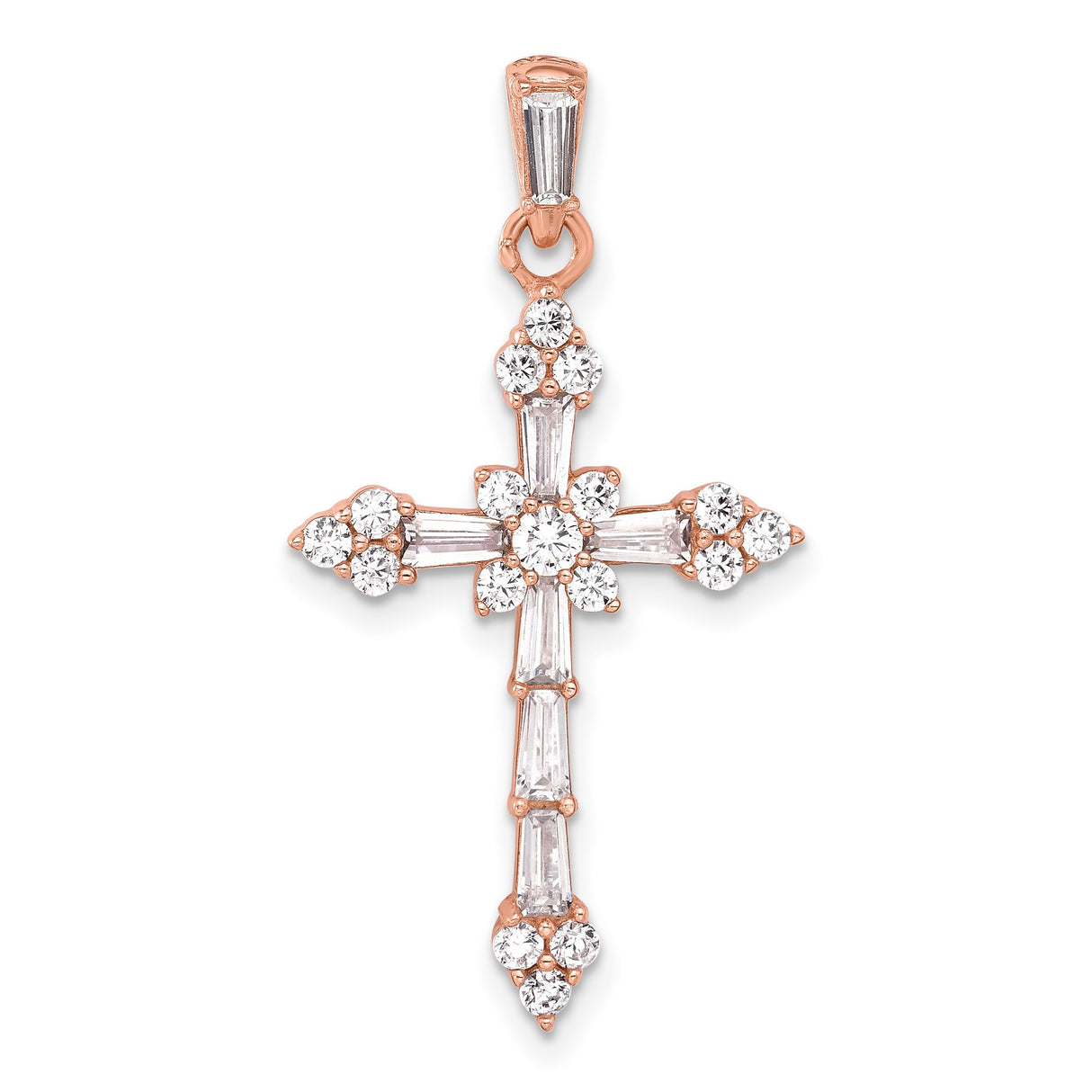 Sterling Silver Cross Pendant with Cubic Zirconia, Rose Gold Accents, Modern Religious Design