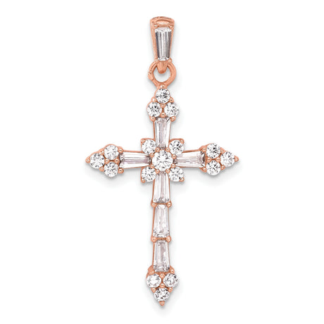 Sterling Silver Cross Pendant with Cubic Zirconia, Rose Gold Accents, Modern Religious Design
