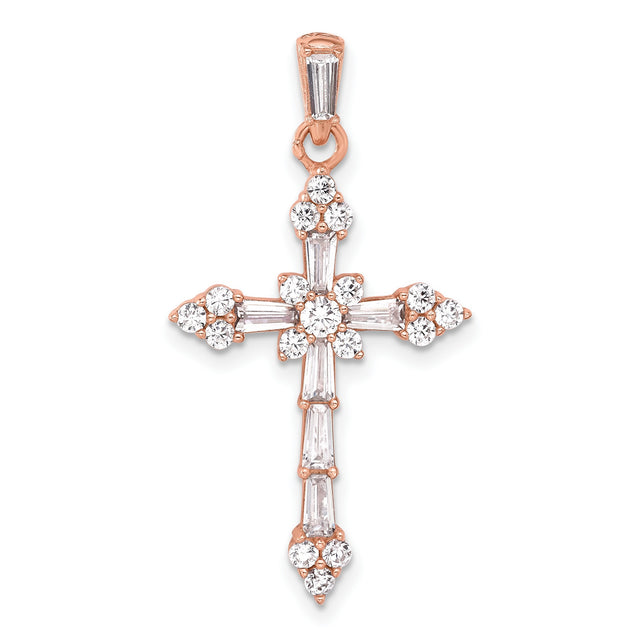Sterling Silver Cross Pendant with Cubic Zirconia, Rose Gold Accents, Modern Religious Design