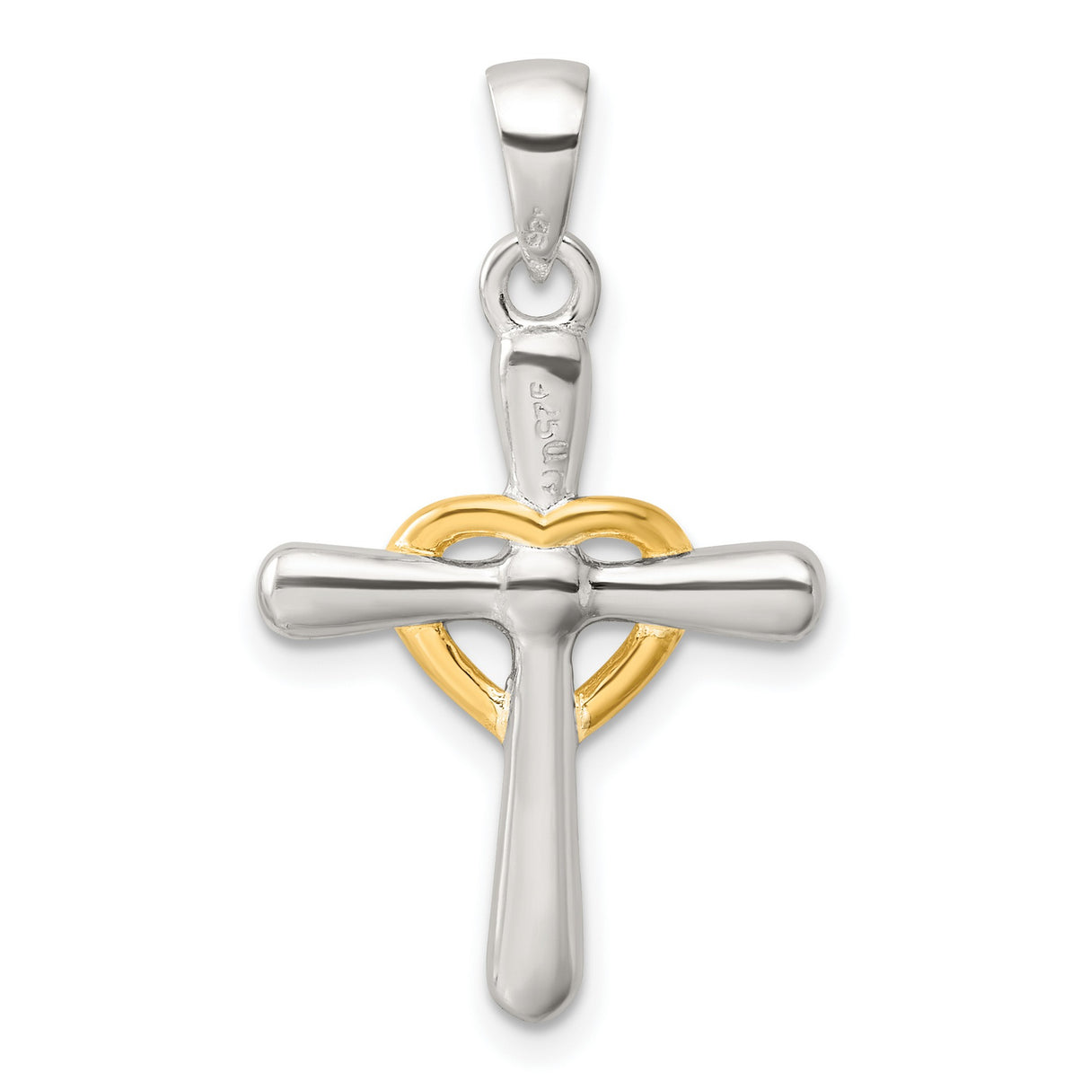 Polished Cross with Open Heart Charm Pendant in Real 925 Sterling Silver