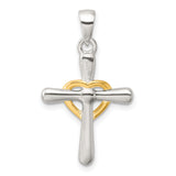 Polished Cross with Open Heart Charm Pendant in Real 925 Sterling Silver