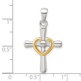 Polished Cross with Open Heart Charm Pendant in Real 925 Sterling Silver