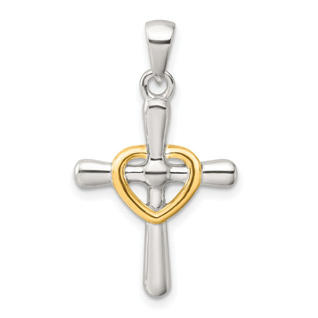 Polished Cross with Open Heart Charm Pendant in Real 925 Sterling Silver