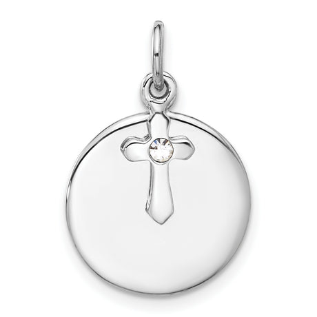 Circle Disk and Cross with Clear Crystal Charm Pendant in Real 925 Sterling Silver