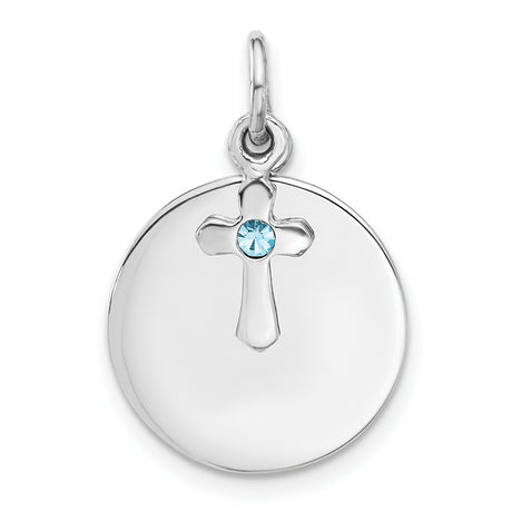 Circle Disk and Cross with Blue Crystal Charm Pendant in Real 925 Sterling Silver