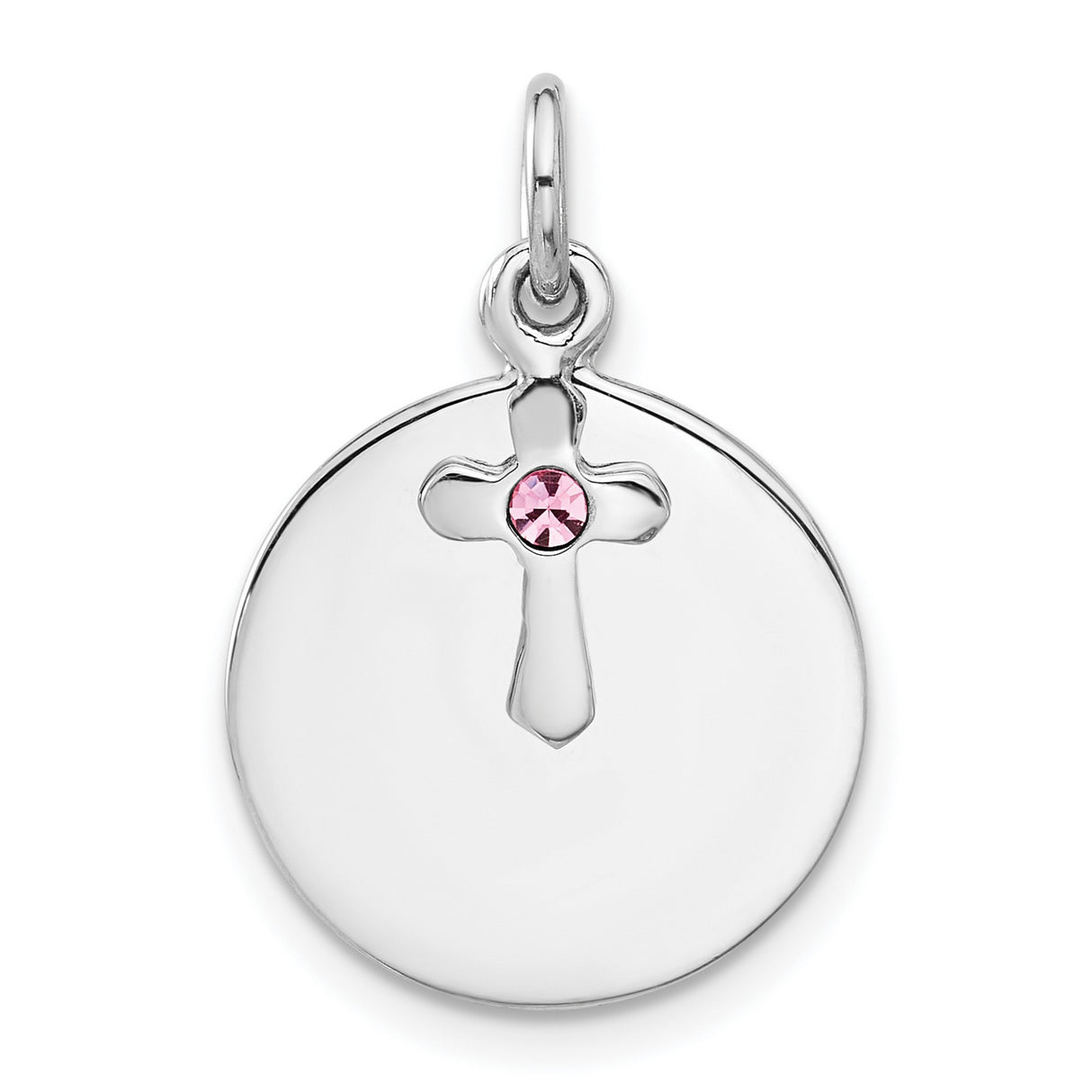Sterling Silver Circle Pendant with Cross Cut-Out and Pink Crystal Accent