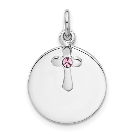 Sterling Silver Circle Pendant with Cross Cut-Out and Pink Crystal Accent