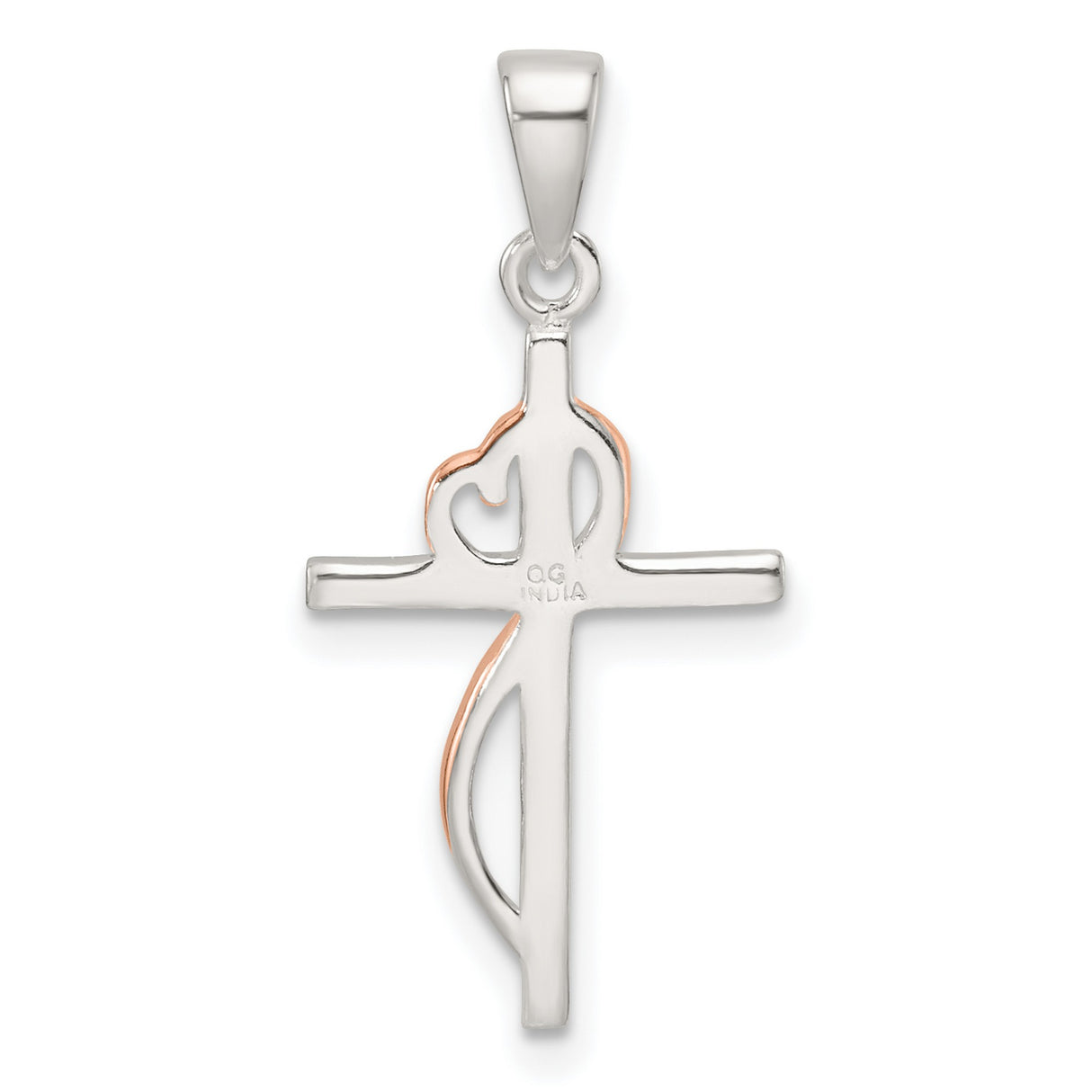 Sterling Silver Cross Pendant with Cubic Zirconia and Rose Gold Heart Accent, Dual Tone Design