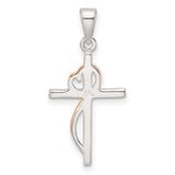 Sterling Silver Cross Pendant with Cubic Zirconia and Rose Gold Heart Accent, Dual Tone Design